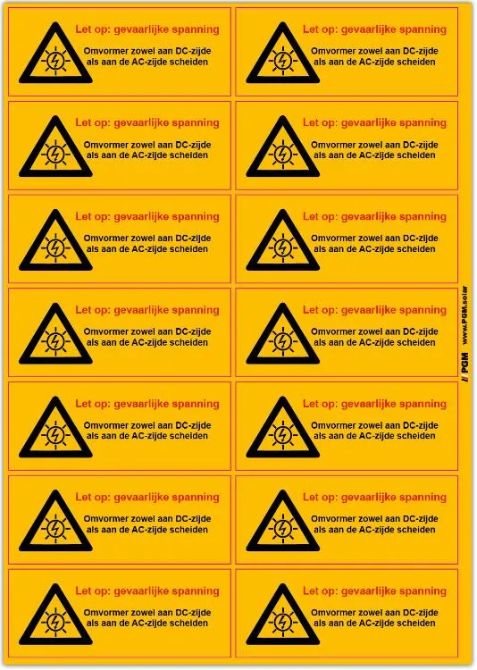 PGM Stickervel 'Let op : gevaarlijke spanning' Omvormer 14 stuks per vel